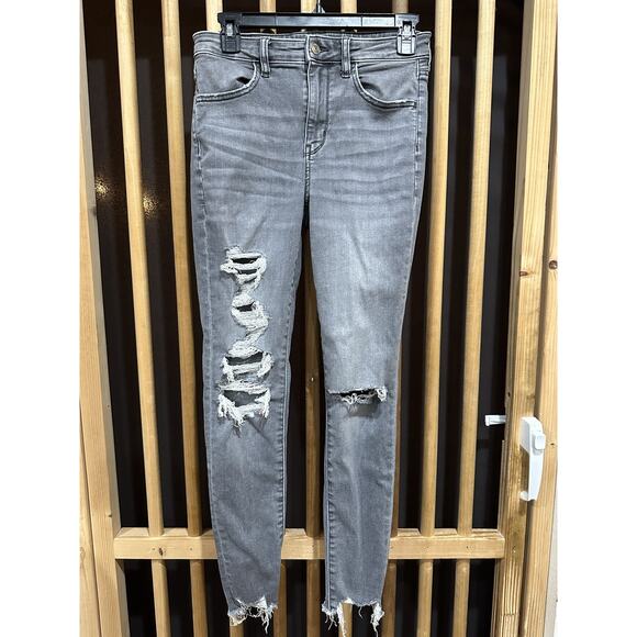 American Eagle Jeans Size 4 Gray Super High Rise Jegging Distressed Ripped Denim - Picture 1 of 7